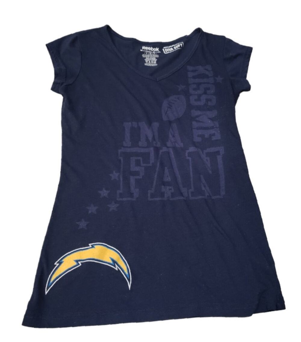 Reebok I'm A Fan Kiss Me Chargers Diva Soft Navy Blue V Neck Short Sleeve Shirt